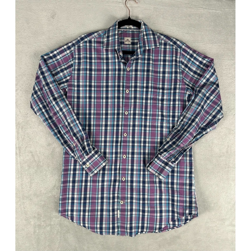Peter Millar Crown Chest Button Down Shirt Men's M Purple Blue Plaid Long Sleeve